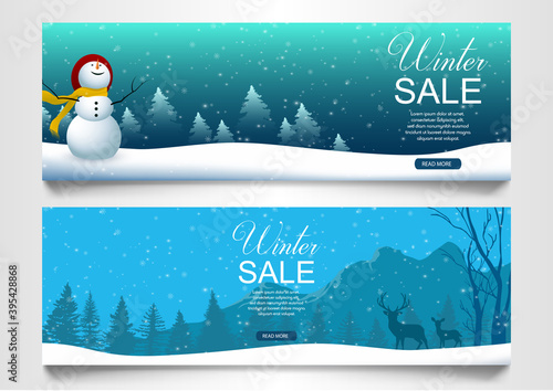 Winter sale banners with snowman and village