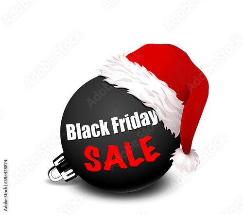 „Black Friday Sale“ schwarze Christbaumkugel mit Weihnachtsmütze,
Weihnachtsangebote Reklame,
Vektor Illustration isoliert auf weißem Hintergrund
