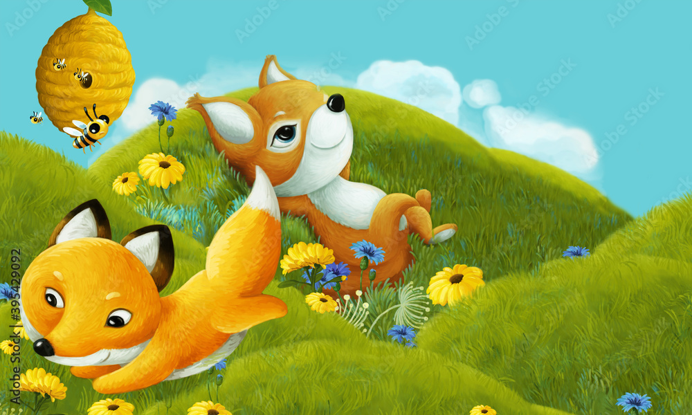 Fototapeta premium cartoon scene with forest animal on the meadow having fun - illustration