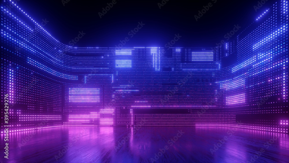 3d render, abstract futuristic ultraviolet background with cyber screen and glowing neon lights - obrazy, fototapety, plakaty 