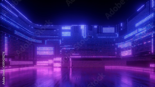 3d render, abstract futuristic ultraviolet background with cyber screen and glowing neon lights photo