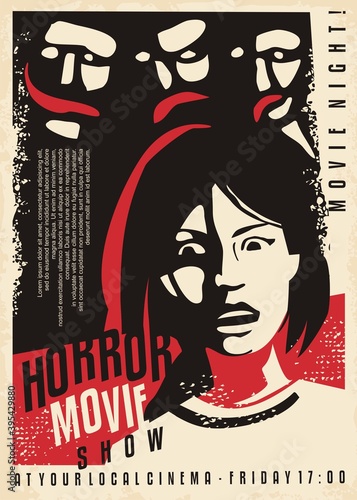 Daemons and monsters horror poster with scared girl. Retro poster for cinema event. Movie graphic vector illustration.