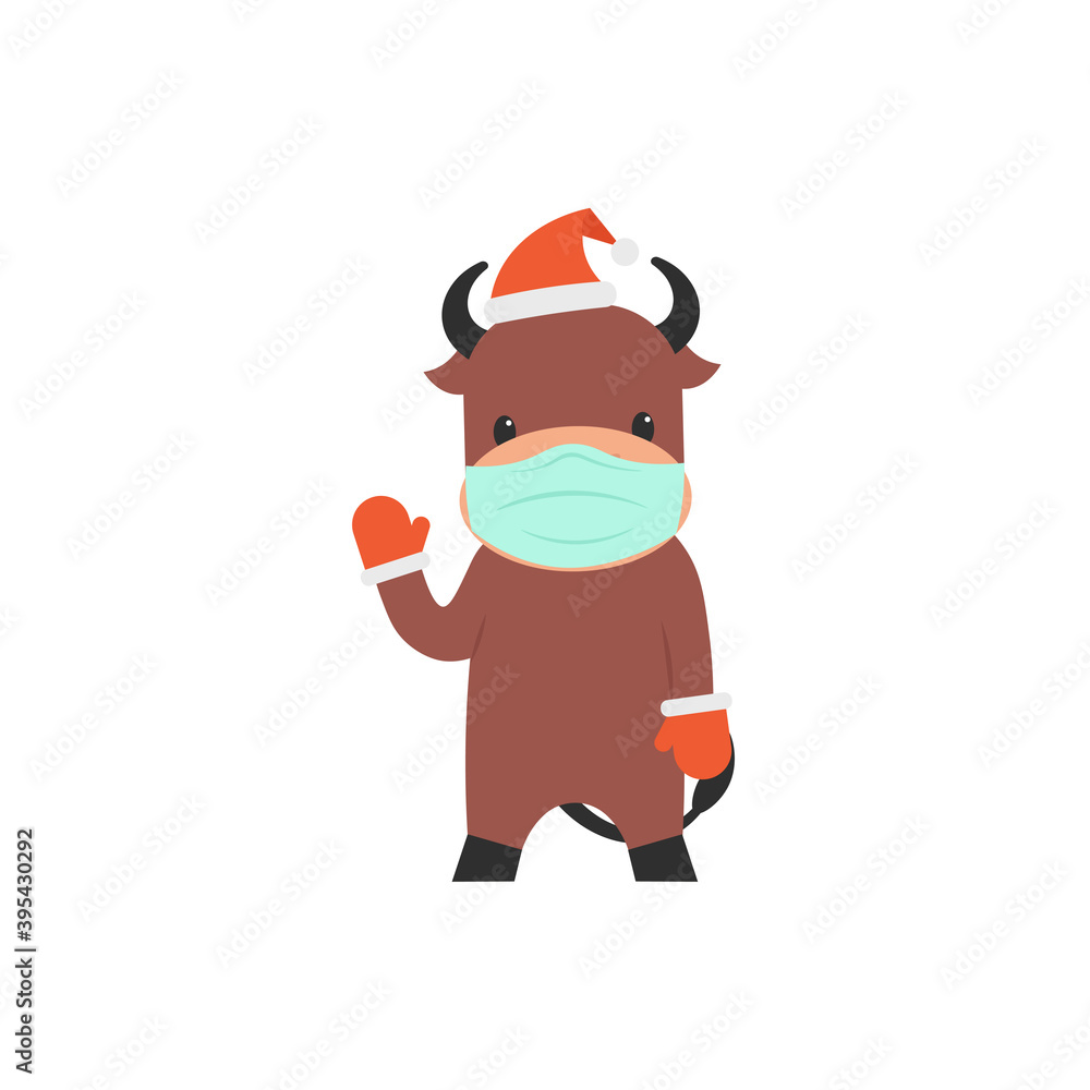 Character bull in christmas hat, gloves and face mask waving hoof. Flat vector cartoon illustration. Character bull in christmas hat, gloves and face mask waving hoof. Flat vector cartoon illustration.