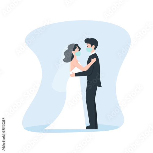 Bride and groom hugs in medical masks. Coronavirus wedding. Medical protective face mask at marriage. Flat vector cartoon illustration.