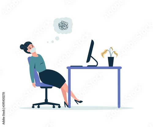 burned out business woman in the workplace, girl tired from working on computer. Flat vector cartoon modern illustration.