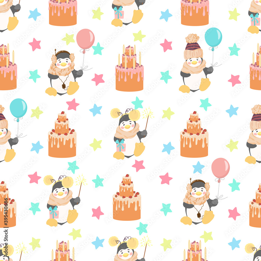 
Seamless pattern of cute penguins in pastel colors. Vector illustration in a flat style.