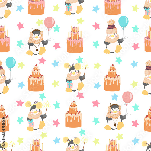  Seamless pattern of cute penguins in pastel colors. Vector illustration in a flat style.