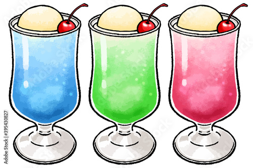 【手描き飲み物ベクターイラスト素材】カラフルなクリームソーダのイラスト