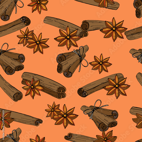 
Seamless pattern in the form of cinnamon sticks and seeds, drawn on paper with a pen. Design element katy menu, packaging, price tags, labels.
