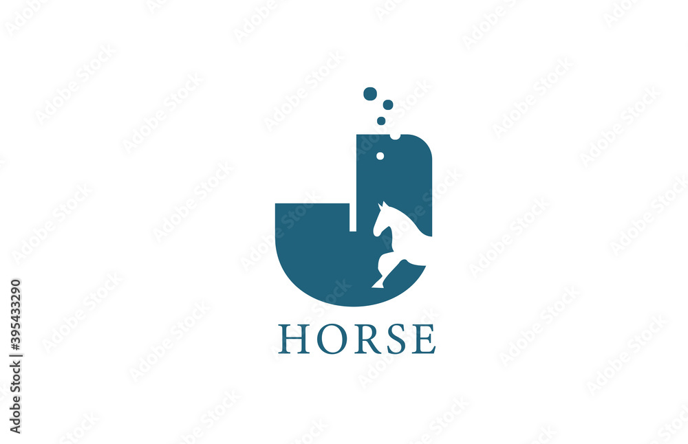 J blue white horse alphabet letter logo icon with stallion shape inside. Creative design for company and business