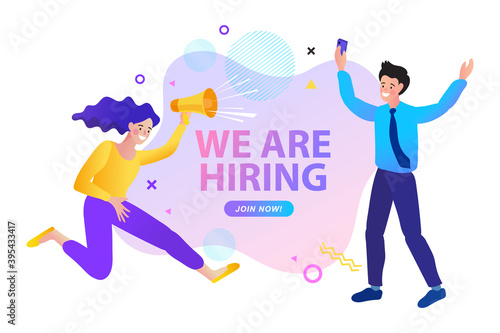 Find people employer business concept. Megaphone With We're Hiring Speech. Job hiring and online recruitment
