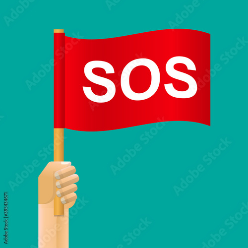 Hand holding sos flag isolated on background vector illustration.