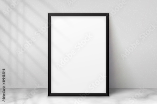 Mockup black frame photo on wall. Mock up artwork picture framed. Vertical boarder with shadow. Empty board photoframe a4. Modern stylish 3d border. Design prints poster, blank, painting image. Vector