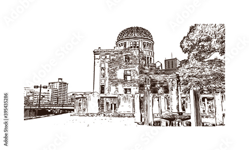 Building view with landmark of Bomb Dome, is part of the Hiroshima Peace Memorial Park in Hiroshima, Japan. Hand drawn sketch illustration in vector.
