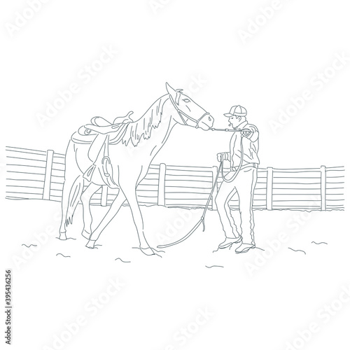 Horse taming line art illustration. Hand drawn
