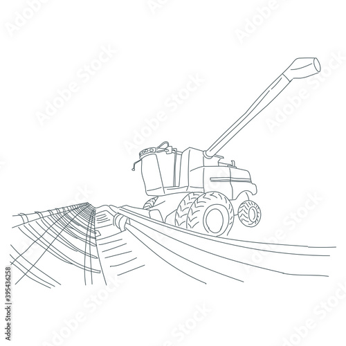 Tractor line art illustration. Harvester, combine hand drawn