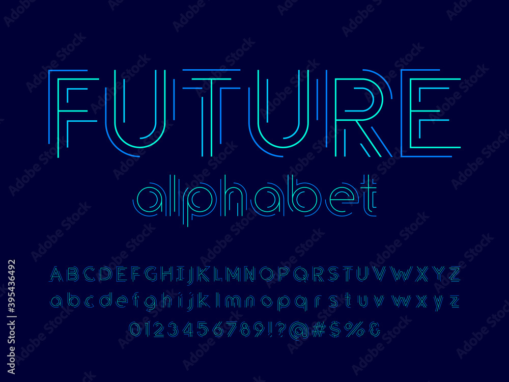 Modern abstract alphabet design with uppercase, lowercase, numbers and symbol