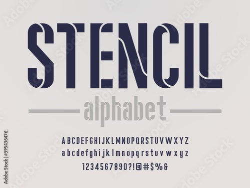 Modern stencil alphabet design with uppercase, lowercase, numbers and symbols