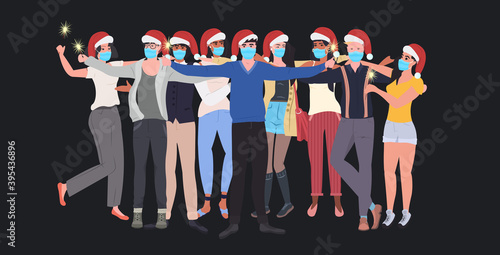mix race people in masks holding sparklers new year christmas holidays celebration coronavirus quarantine concept full length horizontal vector illustration