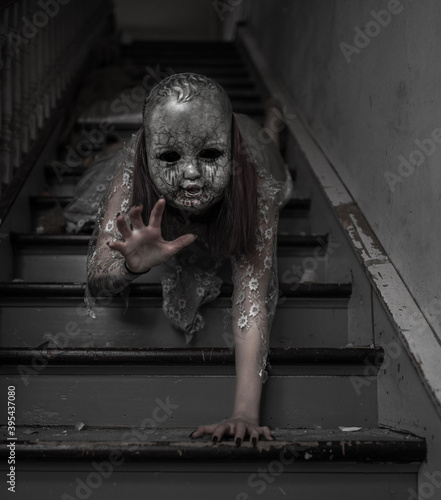 scary baby crawling down the stairs 