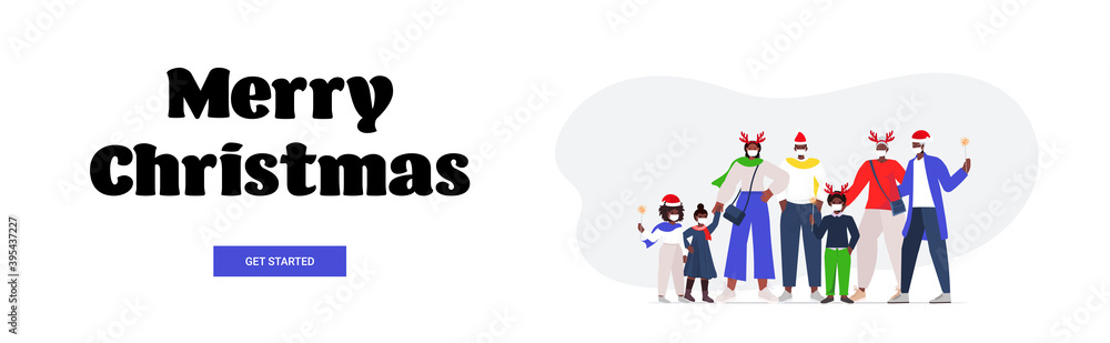 african american multi generation family in santa hats wearing masks to prevent coronavirus pandemic new year christmas holidays celebration concept horizontal full length vector illustration african american multi generation family in santa hats wearing masks to prevent coronavirus pandemic new year christmas holidays celebration concept horizontal full length vector illustration