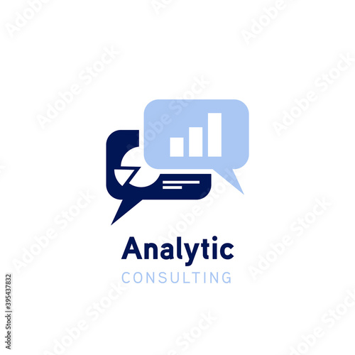 Business Analytic statistic consulting logo symbol with diagram stats graphic inside bubble talk chat icon