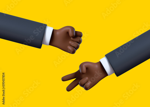 3d render, cartoon character african businessman, black skin hands play rock paper scissors game, clip art isolated on yellow background