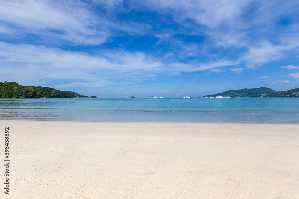 Beautiful nature of the Andaman Sea and white sand beach in the morning at Patong Beach.