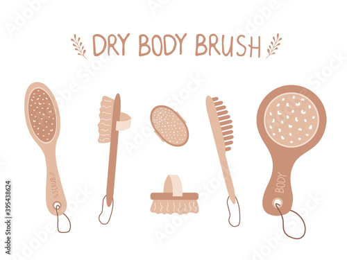 Dry body brushes collection. Exfoliation skin with organic products. Cellulite cosmetic. Body care concept. Vector illustration in cartoon style.