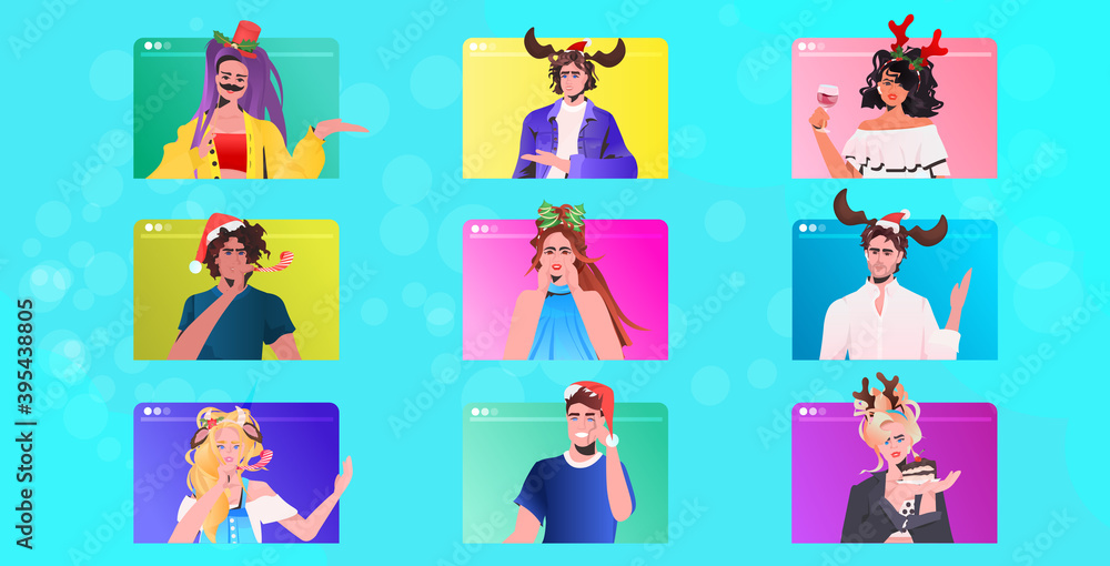 set people in festive hat celebrating new year and christmas holidays men women in web browser windows having fun online communication concept horizontal portrait vector illustration