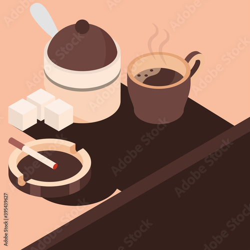 coffee cigarette in the ashtray and sugar isometric