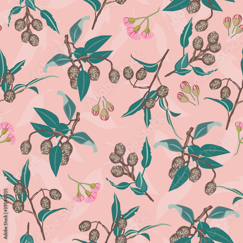 Pink Gumnuts and Eucalyptus Blossom seamless vector repeat pattern. Vector illustration perfect for fabric, apparel, surface design and stationary design applications