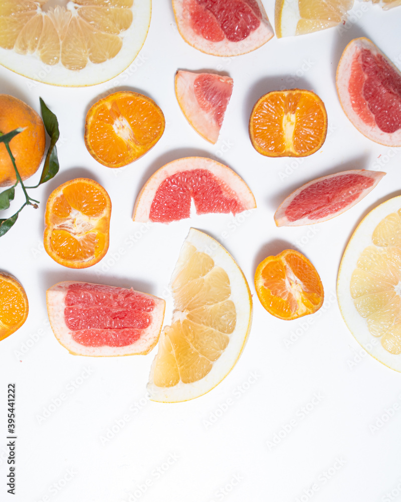 Set of citrus fruit slides flat lay
