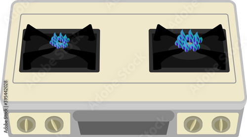 シンプルな上から見た火のついたガスコンロのイラスト