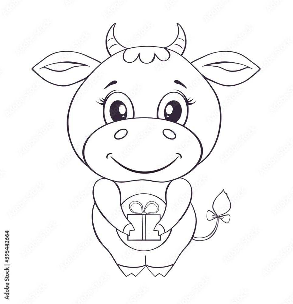 Cute bull drawn in cartoon style isolated on a white background. illustration for children coloring page. Print for clothes, label, patch, sticker, card. Christmas, New Year. symbol of the year 2021 Cute bull drawn in cartoon style isolated on a white background. illustration for children coloring page. Print for clothes, label, patch, sticker, card. Christmas, New Year. symbol of the year 2021