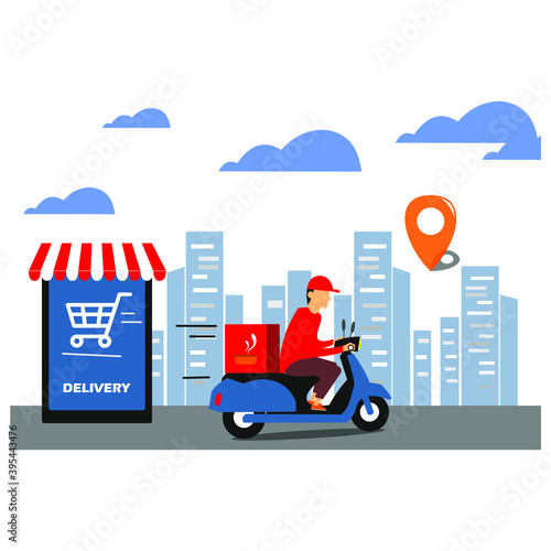 supermarket and courier icon with city background