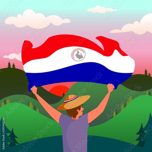 Personaje sujetando bandera de Paraguay con atardecer y campo de fondo