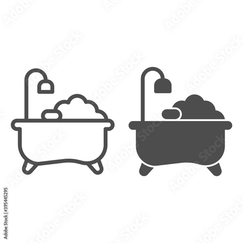 Bathtub with soap and foam line and solid icon, Hygiene routine concept, Bath time sign on white background, bath with foam icon in outline style for mobile concept and web design. Vector graphics.