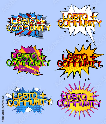 LGBTQ+ Community. Comic book style cartoon word collection on light blue background.