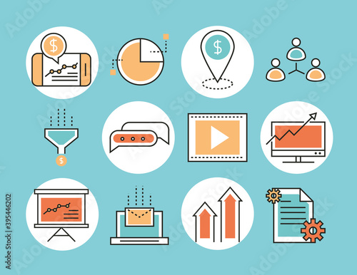 digital marketing strategy report promotion online set icons line and fill