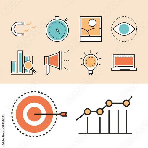 digital marketing target strategy promotion business social media icons set line and fill