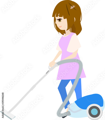 掃除機をかける可愛い主婦のイラスト