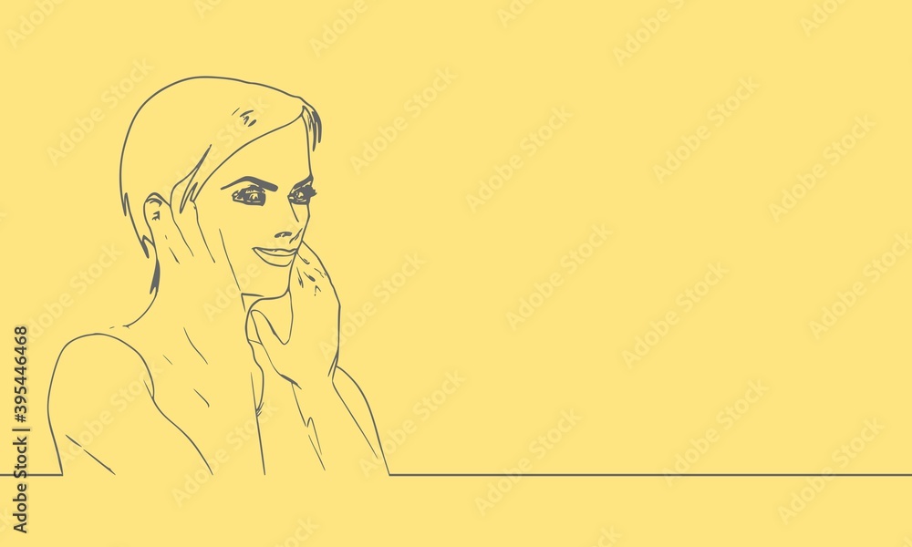 Face side view. Elegant outline silhouette of a female head. Portrait of a happy woman raising her hand to face Face side view. Elegant outline silhouette of a female head. Portrait of a happy woman raising her hand to face