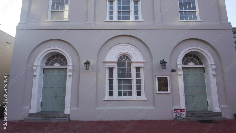 Founded in 1742, All Saints Church Episcopal is among the oldest surviving buildings in Frederick, Maryland. Footage shows the front entrance of the grey three story historical building. Founded in 1742, All Saints Church Episcopal is among the oldest surviving buildings in Frederick, Maryland. Footage shows the front entrance of the grey three story historical building.