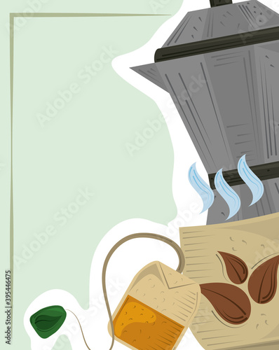 tea kettle cup and teabag fresh beverage herbal