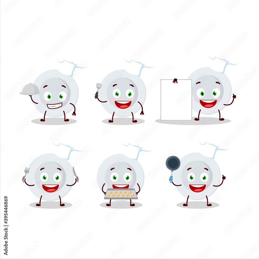 Cartoon character of new white plate with various chef emoticons Cartoon character of new white plate with various chef emoticons
