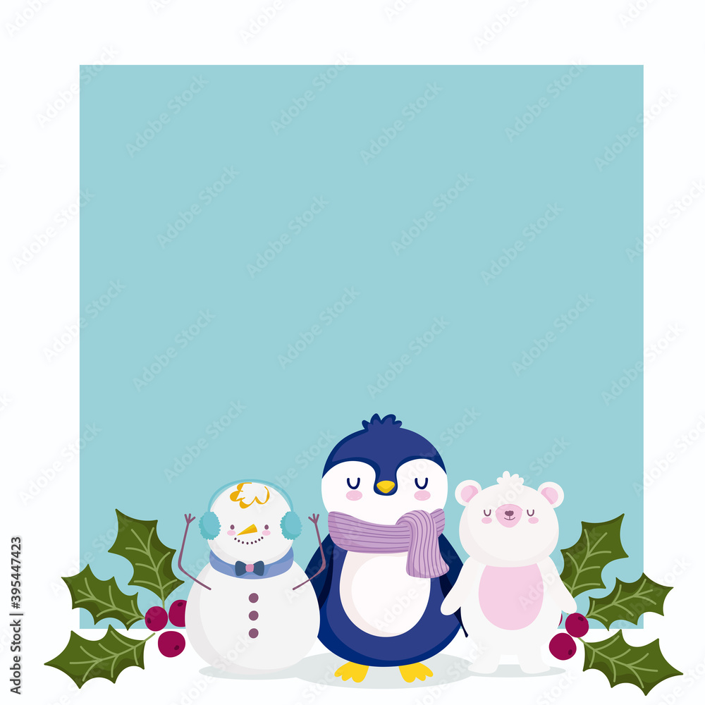 Naklejka premium merry christmas, penguin bear snowman and holly berry design