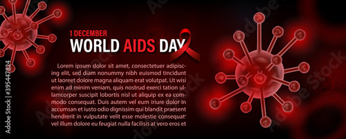 Closeup and crop symbols of virus in neon red with 3d style of microscope view and red ribbon, the day and name of event, example texts on blurred bloods cells and red background.