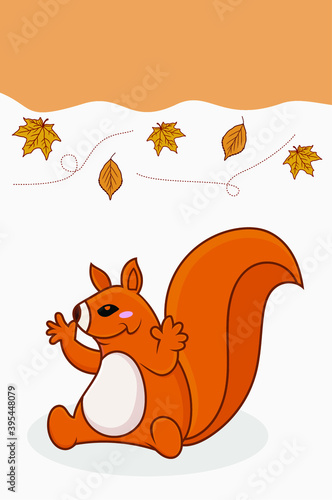 Cute Red Squirrel on autumnal concept with maple leaves for greeting, thanksgivings card and cover.