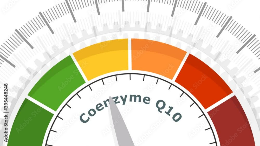 Scale with arrow. The Coenzyme Q10 measuring device. Sign tachometer, speedometer, indicator. Scale with arrow. The Coenzyme Q10 measuring device. Sign tachometer, speedometer, indicator.